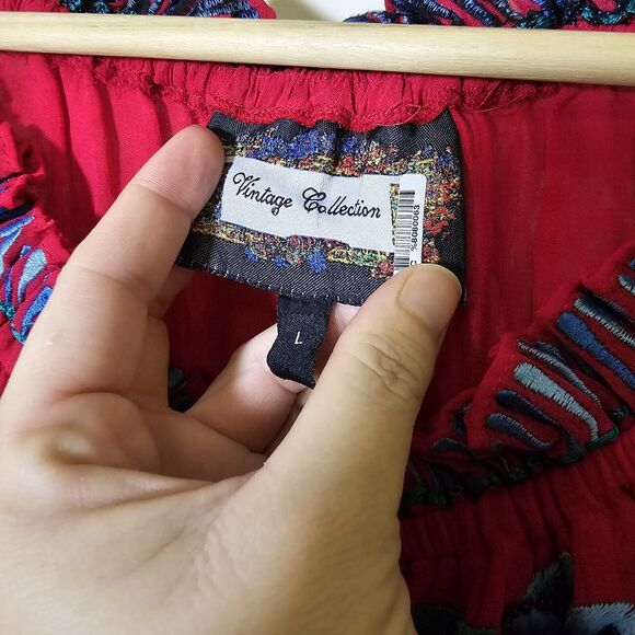 Vintage Collection Women's Red Chiffon Top Tunic Blue Floral Embroidery Beaded L - Picture 4 of 12